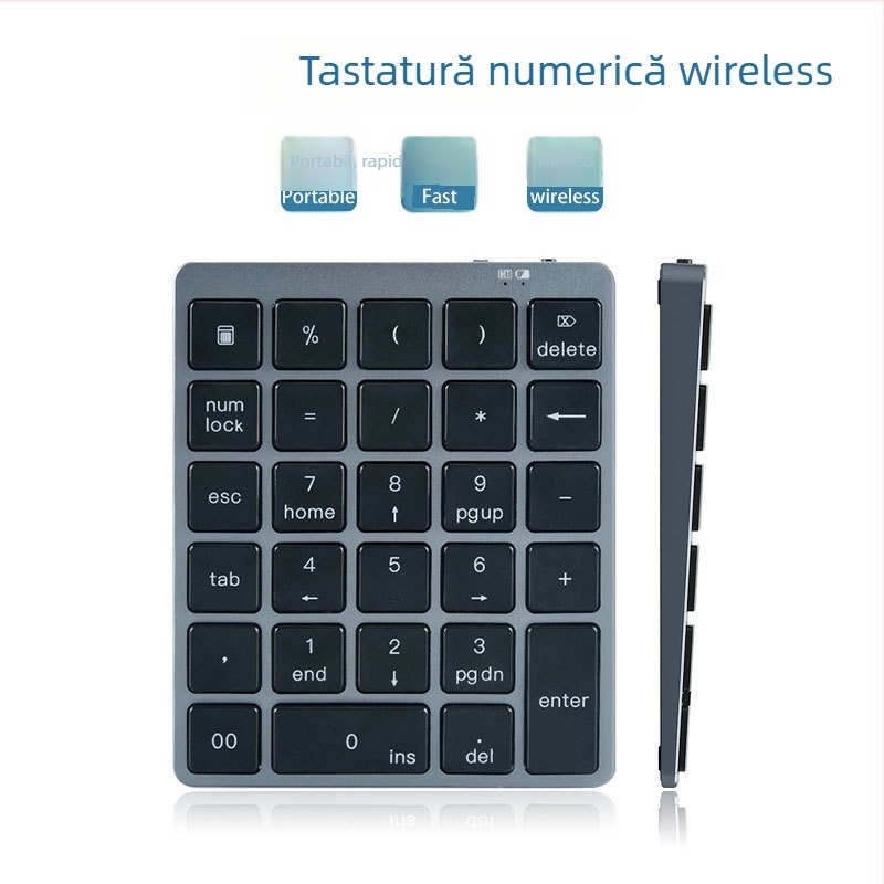 Tastatură numerică din aliaj de aluminiu, 28 taste, conectivitate duală wireless și prin cablu, încărcare prin HUB, dispozitiv pentru introducerea parolelor financiare