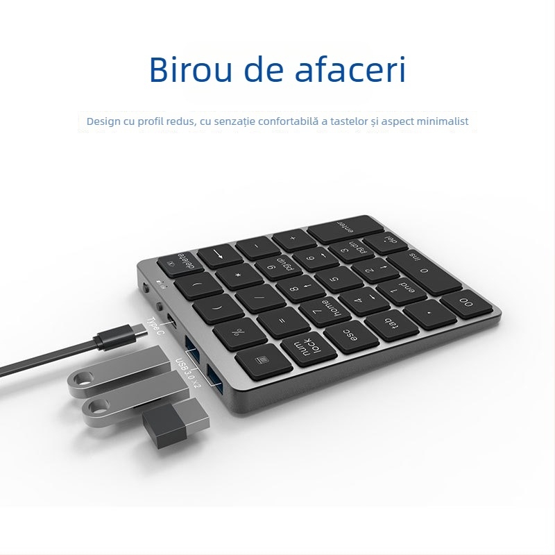 Tastatură numerică din aliaj de aluminiu, 28 taste, conectivitate duală wireless și prin cablu, încărcare prin HUB, dispozitiv pentru introducerea parolelor financiare