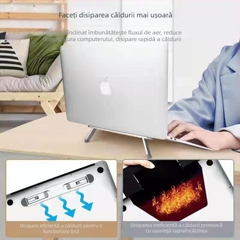 Suport portabil pentru laptop cu răcire, design suspendat creativ, reglare înălțime în două trepte, pliabil și compact.