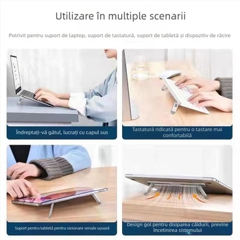 Suport portabil pentru laptop cu răcire, design suspendat creativ, reglare înălțime în două trepte, pliabil și compact.