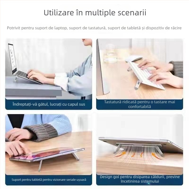 Suport portabil pentru laptop cu răcire, design suspendat creativ, reglare înălțime în două trepte, pliabil și compact.