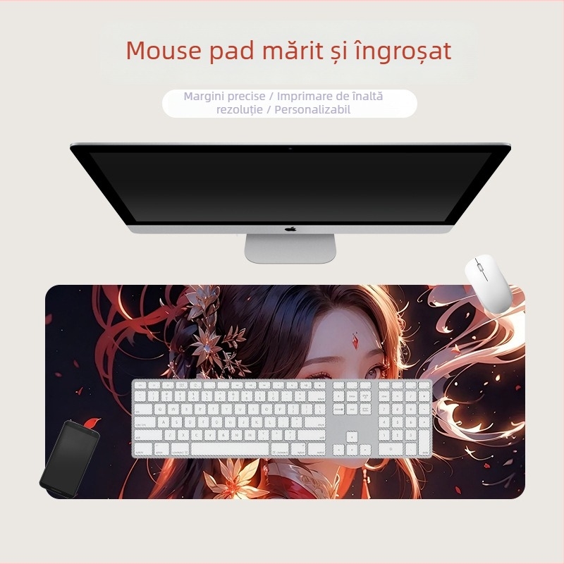 Pad de mouse mare, rezistent la pete, cu imprimare prin transfer termic, gros, margine cusută
