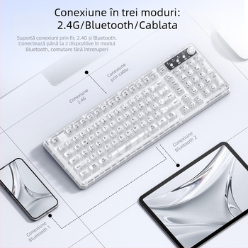 Tastatură wireless Bluetooth cu iluminare RGB, încărcare în trei moduri, 88–98 taste, capace de taste sferice transparente pentru gaming, birou și tabletă