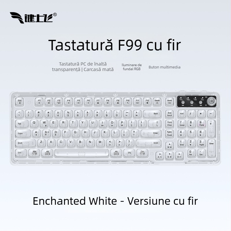 Tastatură wireless Bluetooth cu iluminare RGB, încărcare în trei moduri, 88–98 taste, capace de taste sferice transparente pentru gaming, birou și tabletă