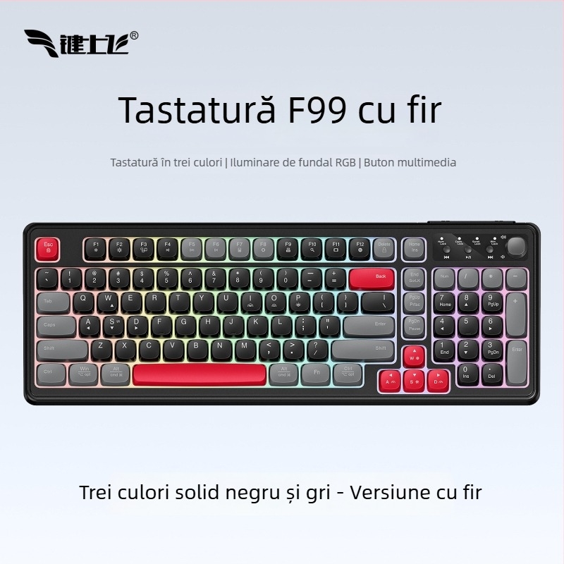 Tastatură wireless Bluetooth cu iluminare RGB, încărcare în trei moduri, 88–98 taste, capace de taste sferice transparente pentru gaming, birou și tabletă