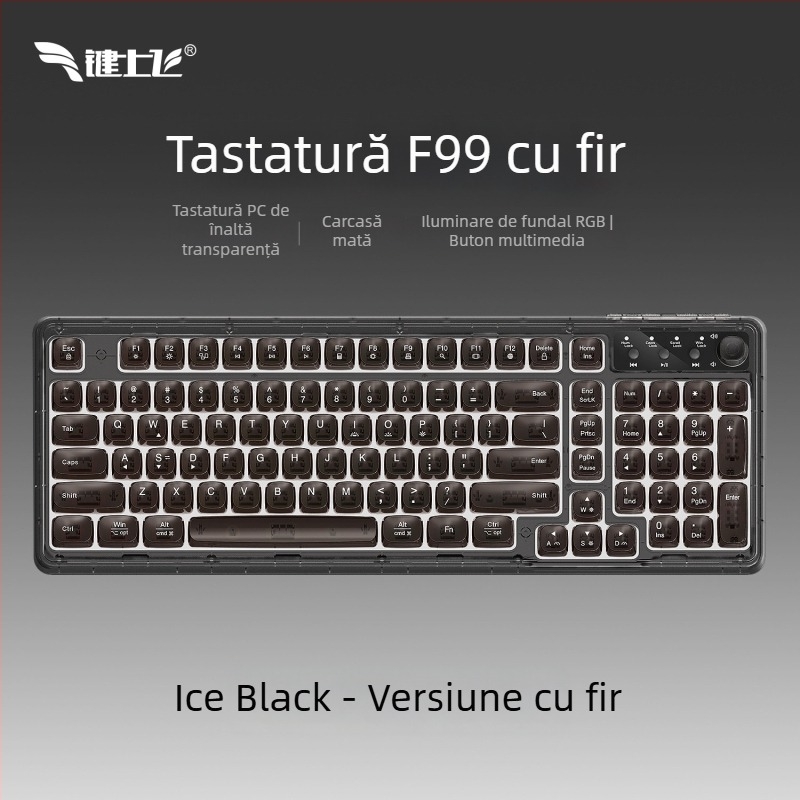 Tastatură wireless Bluetooth cu iluminare RGB, încărcare în trei moduri, 88–98 taste, capace de taste sferice transparente pentru gaming, birou și tabletă
