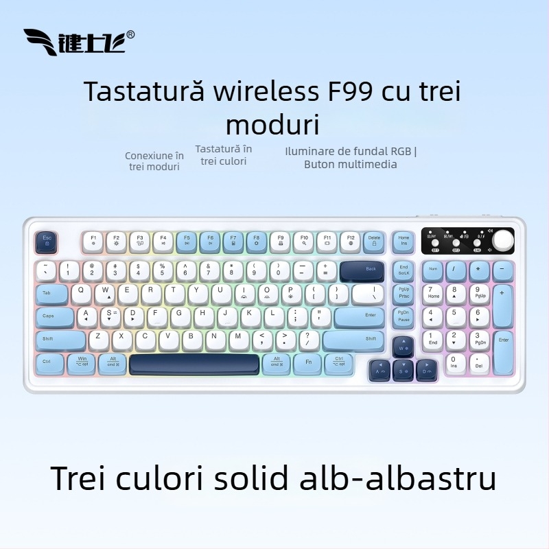Tastatură wireless Bluetooth cu iluminare RGB, încărcare în trei moduri, 88–98 taste, capace de taste sferice transparente pentru gaming, birou și tabletă