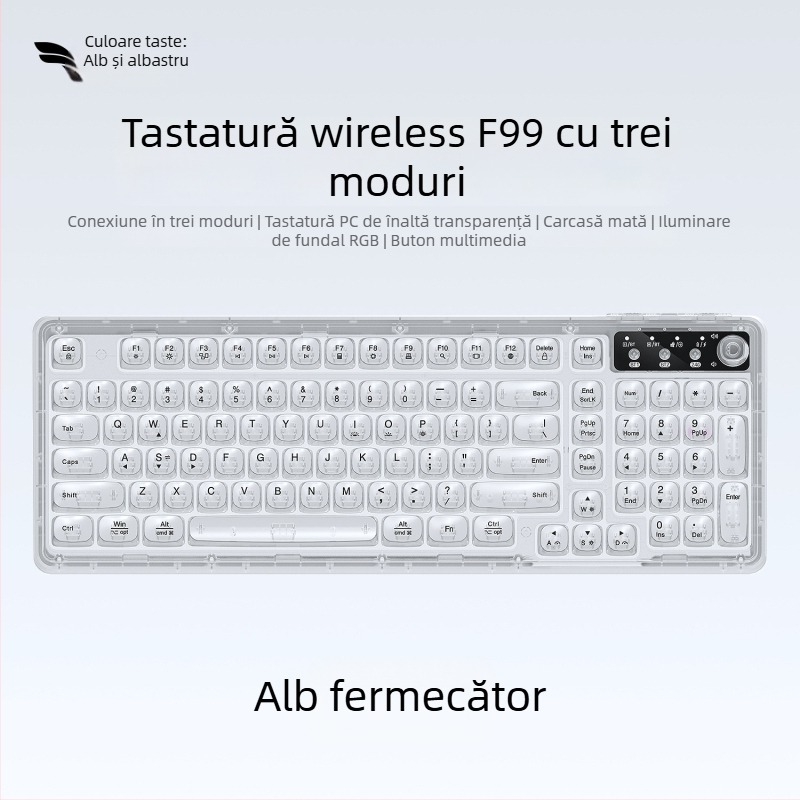 Tastatură wireless Bluetooth cu iluminare RGB, încărcare în trei moduri, 88–98 taste, capace de taste sferice transparente pentru gaming, birou și tabletă