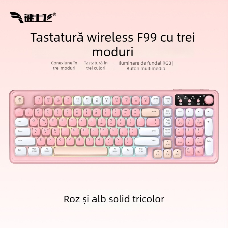 Tastatură wireless Bluetooth cu iluminare RGB, încărcare în trei moduri, 88–98 taste, capace de taste sferice transparente pentru gaming, birou și tabletă
