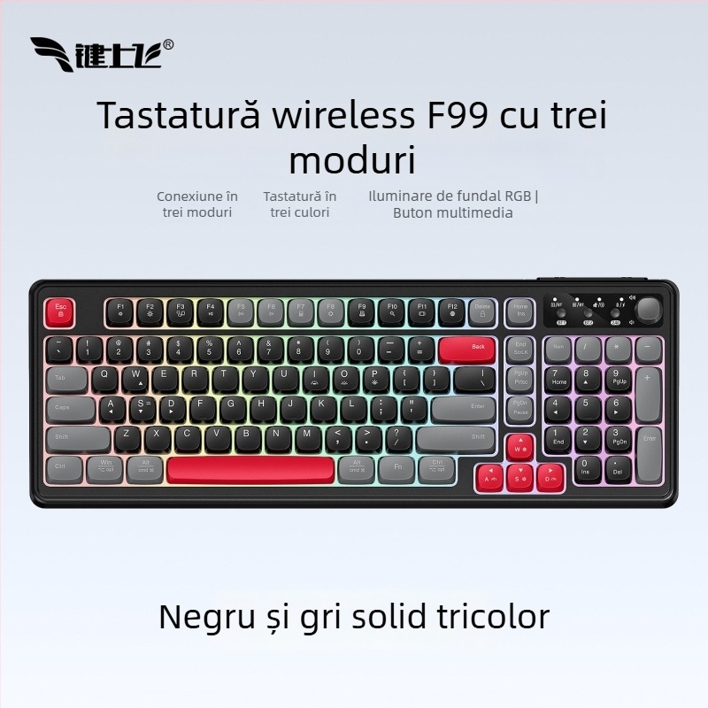 Tastatură wireless Bluetooth cu iluminare RGB, încărcare în trei moduri, 88–98 taste, capace de taste sferice transparente pentru gaming, birou și tabletă