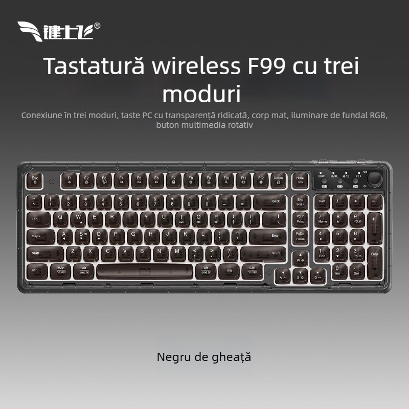 Tastatură wireless Bluetooth cu iluminare RGB, încărcare în trei moduri, 88–98 taste, capace de taste sferice transparente pentru gaming, birou și tabletă