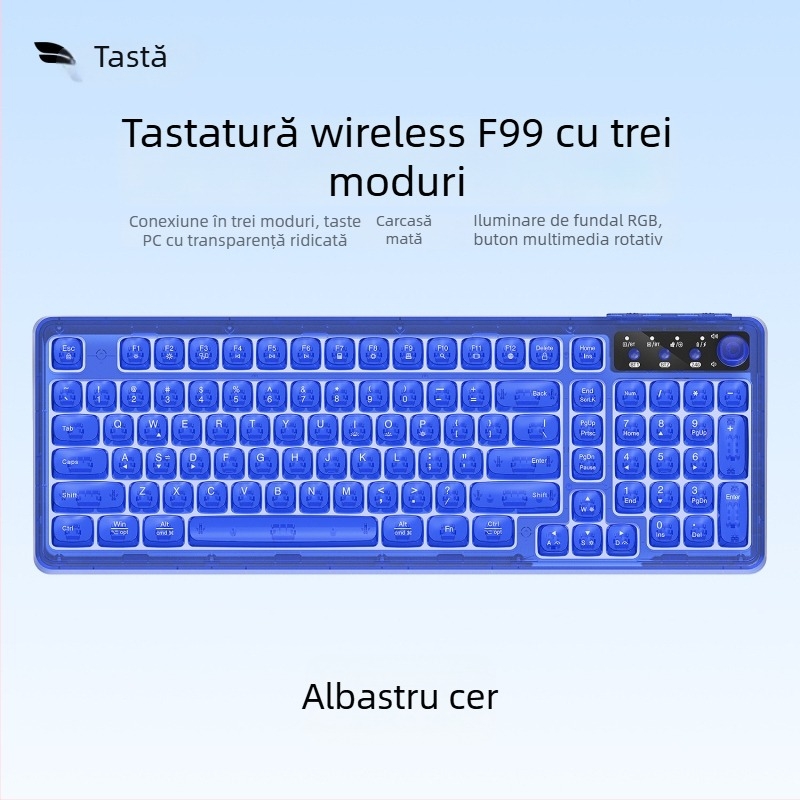 Tastatură wireless Bluetooth cu iluminare RGB, încărcare în trei moduri, 88–98 taste, capace de taste sferice transparente pentru gaming, birou și tabletă