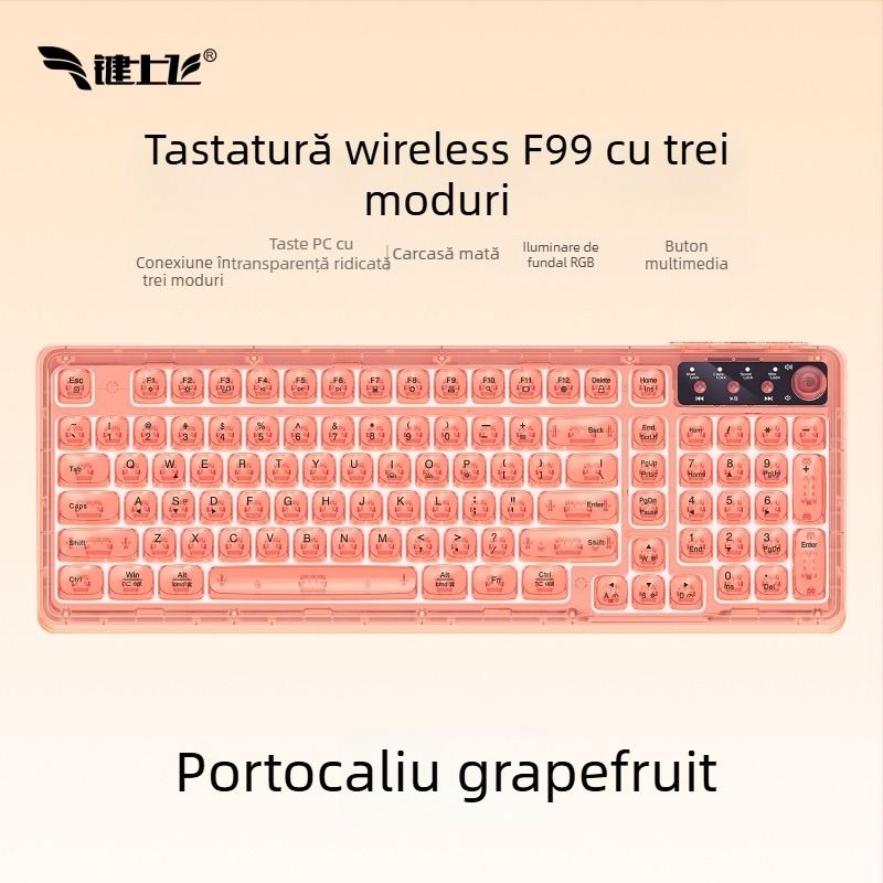 Tastatură wireless Bluetooth cu iluminare RGB, încărcare în trei moduri, 88–98 taste, capace de taste sferice transparente pentru gaming, birou și tabletă