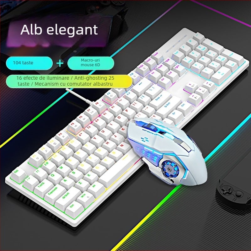 Tastatură mecanică cu fir, iluminare RGB, switch albastru, 104 taste, pentru jocuri și birou