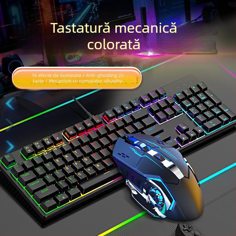 Tastatură mecanică cu fir, iluminare RGB, switch albastru, 104 taste, pentru jocuri și birou