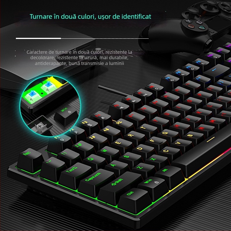 Tastatură mecanică cu fir, iluminare RGB, switch albastru, 104 taste, pentru jocuri și birou