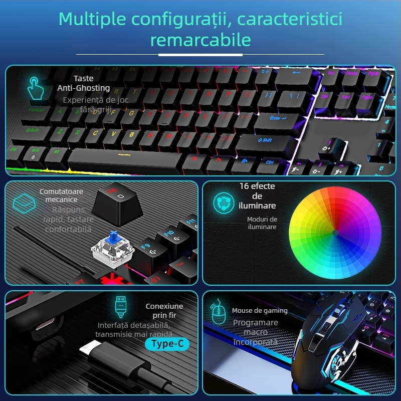 Tastatură mecanică cu fir, iluminare RGB, switch albastru, 104 taste, pentru jocuri și birou