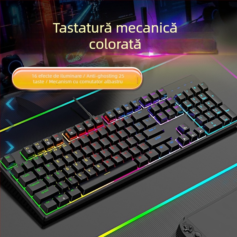 Tastatură mecanică cu fir, iluminare RGB, switch albastru, 104 taste, pentru jocuri și birou
