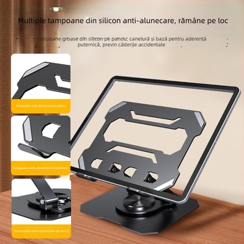 Suport metalic pentru tablete și telefoane, rotație la 360°, pliabil și reglabil.