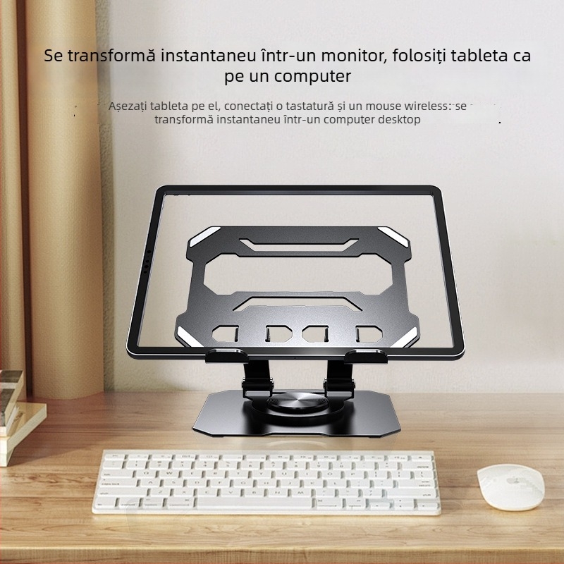 Suport metalic pentru tablete și telefoane, rotație la 360°, pliabil și reglabil.