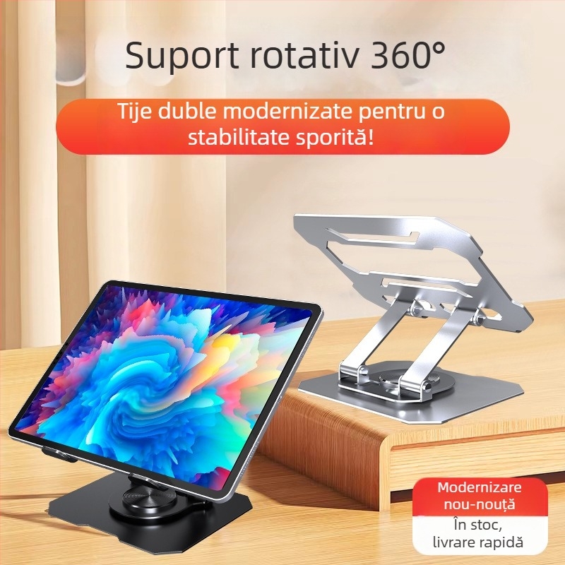 Suport metalic pentru tablete și telefoane, rotație la 360°, pliabil și reglabil.