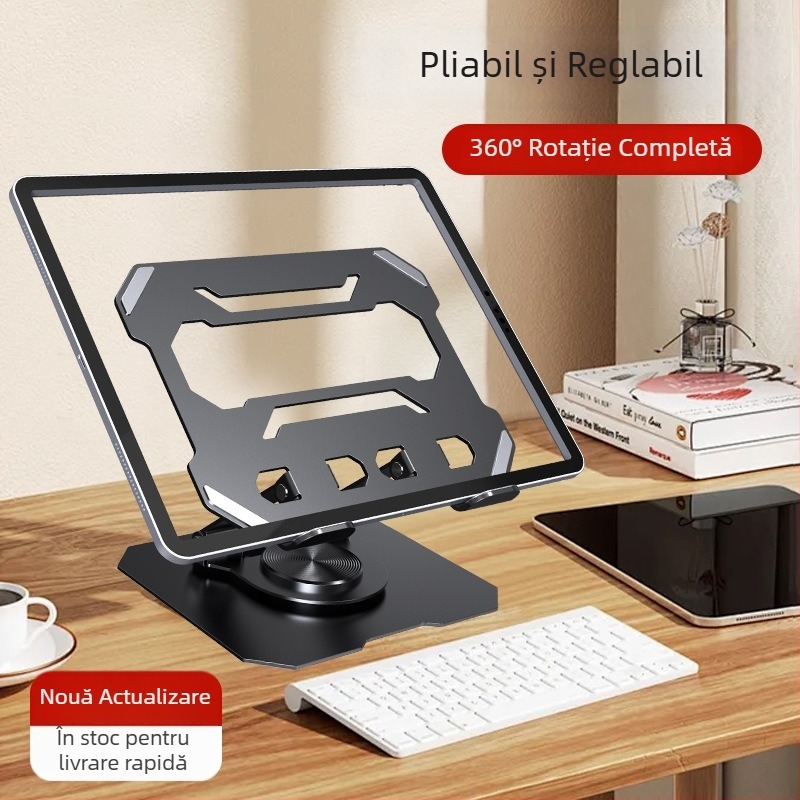 Suport metalic pentru tablete și telefoane, rotație la 360°, pliabil și reglabil.