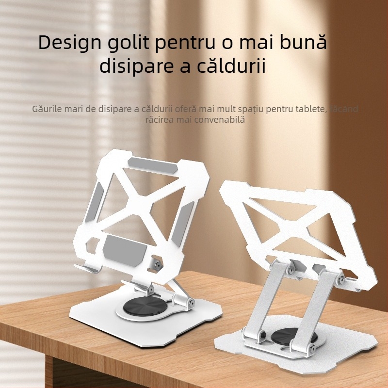 Suport metalic pentru tablete și telefoane, rotație la 360°, pliabil și reglabil.