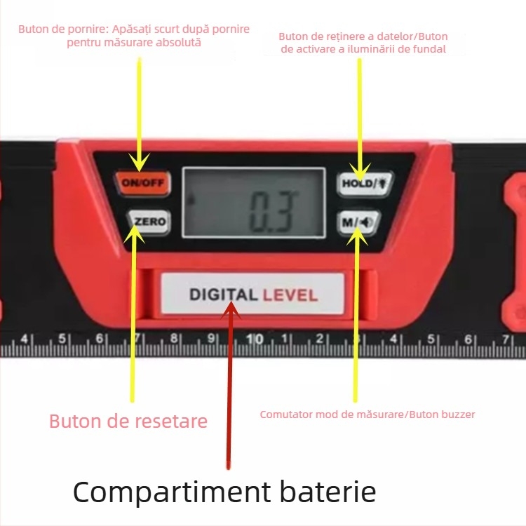 Nivel cu afișaj digital din aliaj de aluminiu magnetic, riglă de unghi, inclinometru și protractor