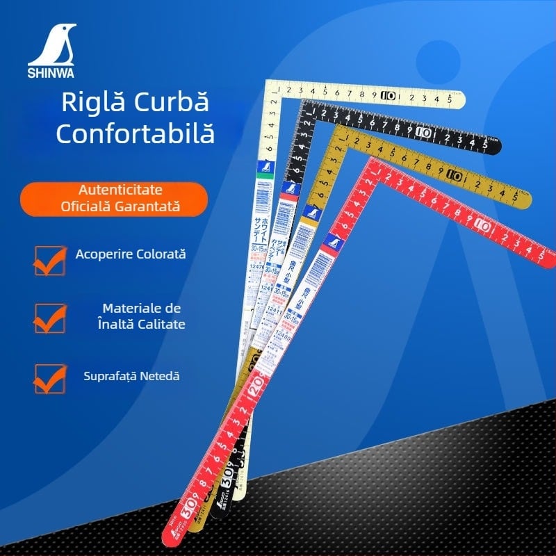 SHINWA Penguin Brand set rigle unghiulare: riglă dreaptă, riglă curbată și riglă unghiulară reglabilă, 30×15 cm, material fier/ oțel inoxidabil, model 12400, colorat
