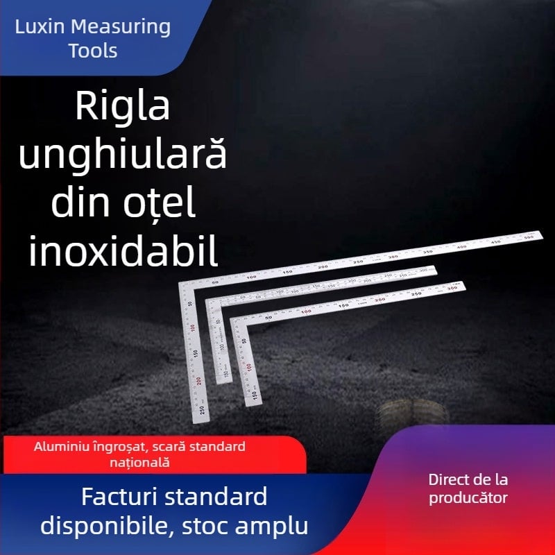 Rigla unghiulară din oțel inoxidabil pentru tâmplărie, unghi de 90°, riglă în formă de L