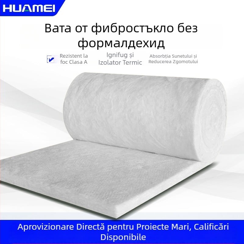 Rolă din vată de sticlă pentru izolare fonică și termică, fără formaldehidă, ecologică, rezistentă la foc clasa A1, filc Huamei din vată de sticlă, centrifugă