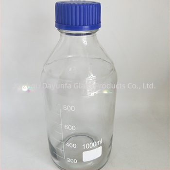 Recipient din sticlă pentru reacții, 1000 ml, cu capac albastru și capac filetant pentru prelevare în laborator