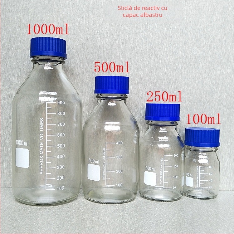 Recipient din sticlă pentru reacții, 1000 ml, cu capac albastru și capac filetant pentru prelevare în laborator