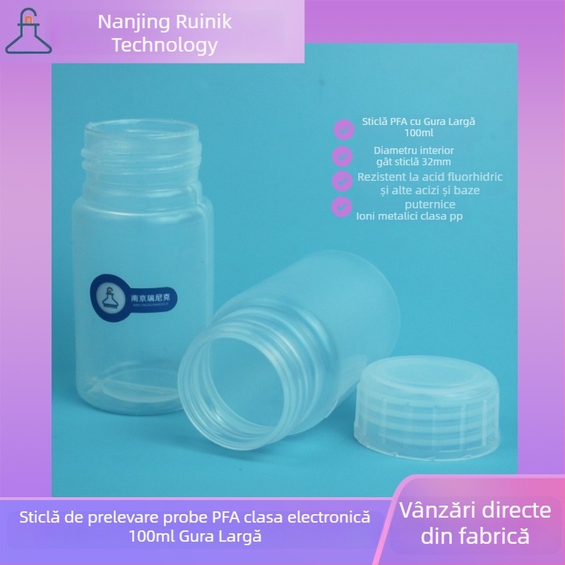 Recipient de prelevare pentru acid fluorhidric, sticlă PFA cu gură largă, 100 ml, PTFE pentru reagenti, grad electronic pentru semiconductori