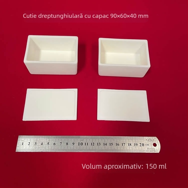 Barcă dreptunghiulară din oxid de aluminiu, cu capac, 99% puritate, dimensiuni 90×60×40 mm, pentru laborator