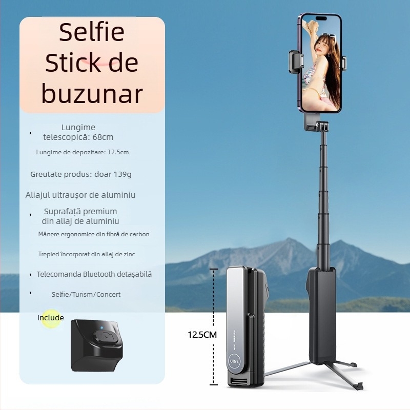 Mini selfie stick cu Bluetooth – suport pentru telefon, stabilizator anti vibrații pentru înregistrări în aer liber
