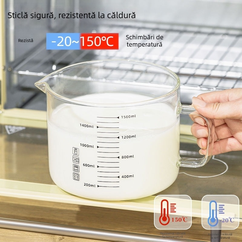 Pahar de măsură din sticlă cu scară, de calitate alimentară, rezistent la temperaturi înalte, cu capac, mare capacitate pentru coacere