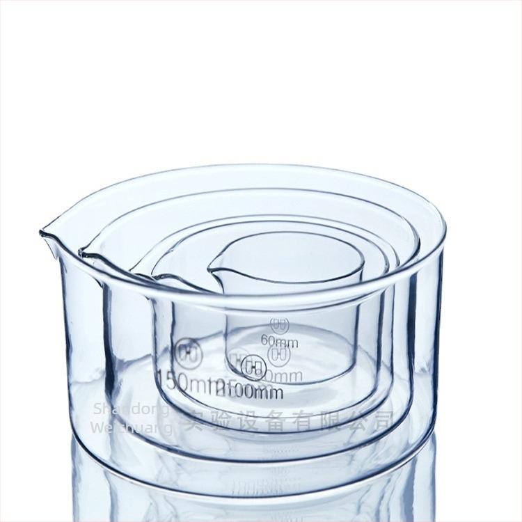 Vas din sticlă pentru evaporare și cristalizare, cu fund plat și margine, rotund, 60–180 mm