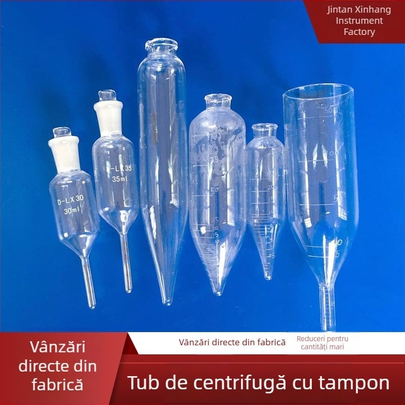 Tuburi de centrifugare din sticlă cu gradații albe și sticle tampon pentru uz de laborator