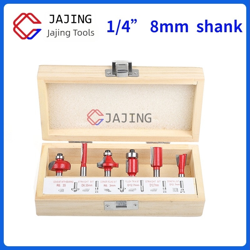 Set de șase freze pentru lemn, pentru mașini electrice de frezat, cu canelare, gravură și finisare a marginilor, cu axuri de 8 mm și 1/4 inch.