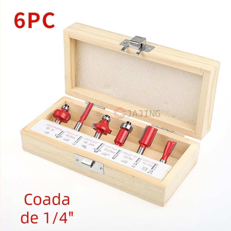 Set de șase freze pentru lemn, pentru mașini electrice de frezat, cu canelare, gravură și finisare a marginilor, cu axuri de 8 mm și 1/4 inch.