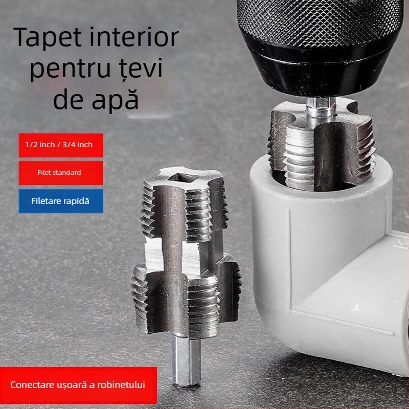 Unealtă universală pentru filetare internă a țevilor PPR, pentru bormașină, compatibilă cu țevile de 1/2 și 3/4 inch