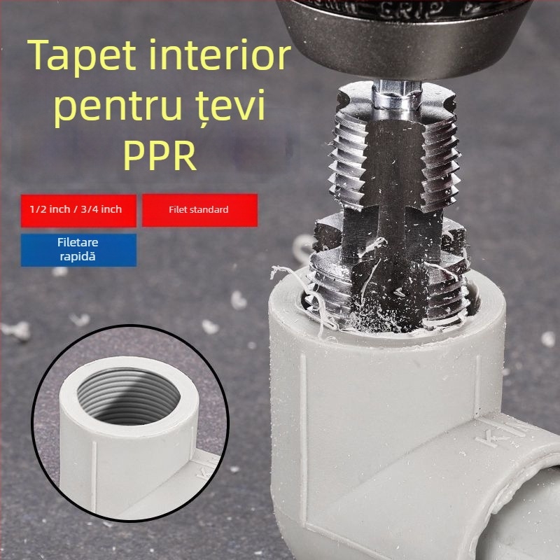 Unealtă universală pentru filetare internă a țevilor PPR, pentru bormașină, compatibilă cu țevile de 1/2 și 3/4 inch