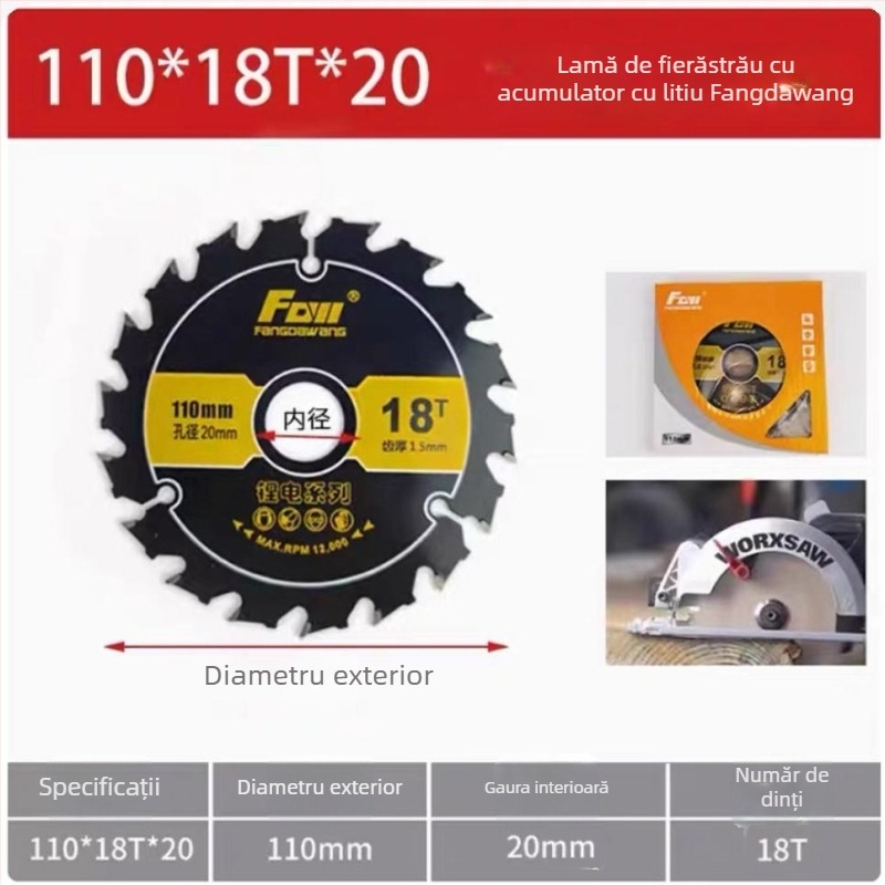 Lama de ferăstrău din carburi pentru prelucrarea lemnului, pentru ferăstrău cu acumulator Li-Ion, dimensiuni 4, 5 și 5,5 inci