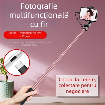 Bețișor pentru selfie cu control prin cablu, extins, a treia generație, din aliaj de aluminiu, mâner, pliabil, universal pentru streaming live și fotografie