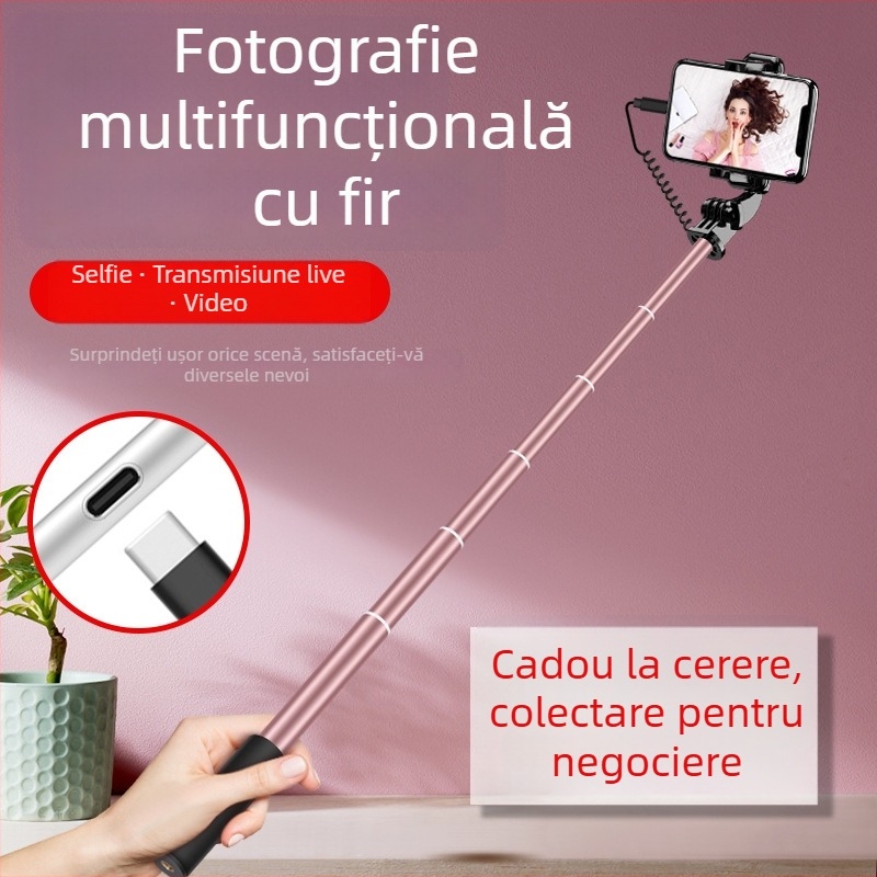 Bețișor pentru selfie cu control prin cablu, extins, a treia generație, din aliaj de aluminiu, mâner, pliabil, universal pentru streaming live și fotografie