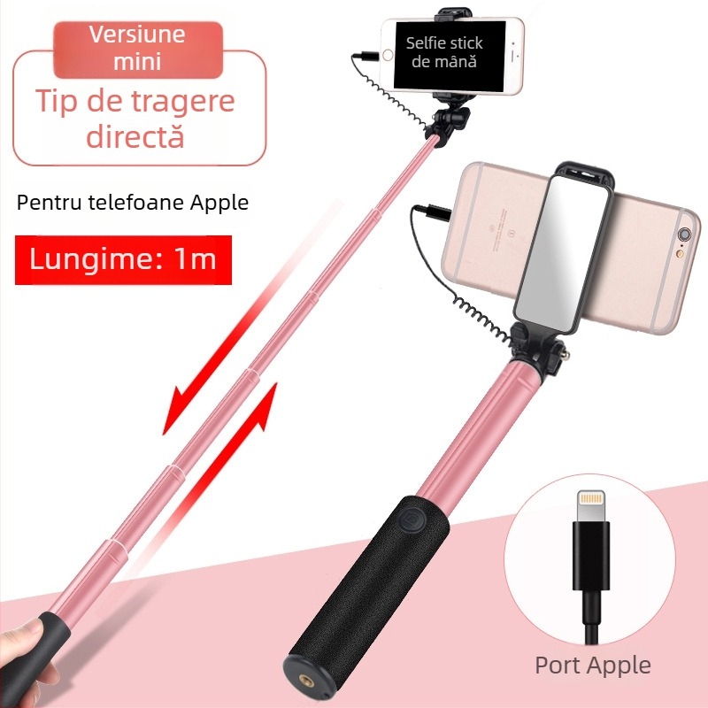 Bețișor pentru selfie cu control prin cablu, extins, a treia generație, din aliaj de aluminiu, mâner, pliabil, universal pentru streaming live și fotografie