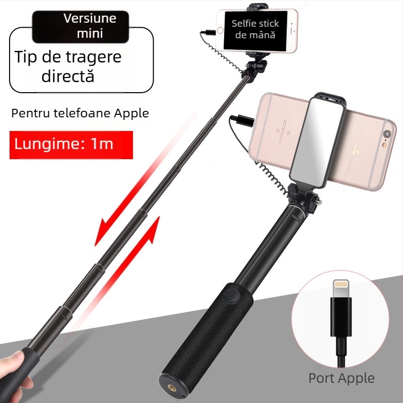 Bețișor pentru selfie cu control prin cablu, extins, a treia generație, din aliaj de aluminiu, mâner, pliabil, universal pentru streaming live și fotografie