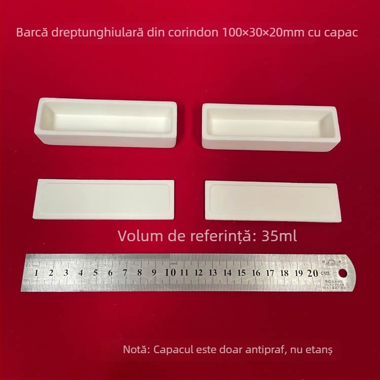 Vas dreptunghiular din alumina, marcă Xingyi, capacitate 35 ml, dimensiuni 100 × 30 × 20 mm, cu capac