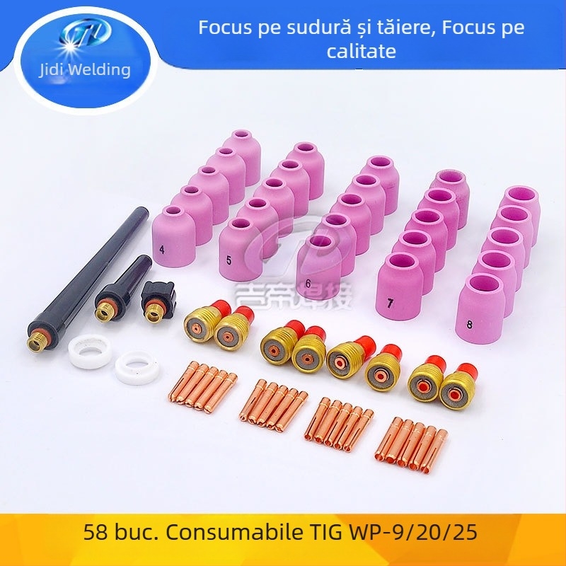 58 de bucăți accesorii pentru sudură cu arc argon WP9/20/25, set mic cu duze ceramice, conector și reținător de electrod